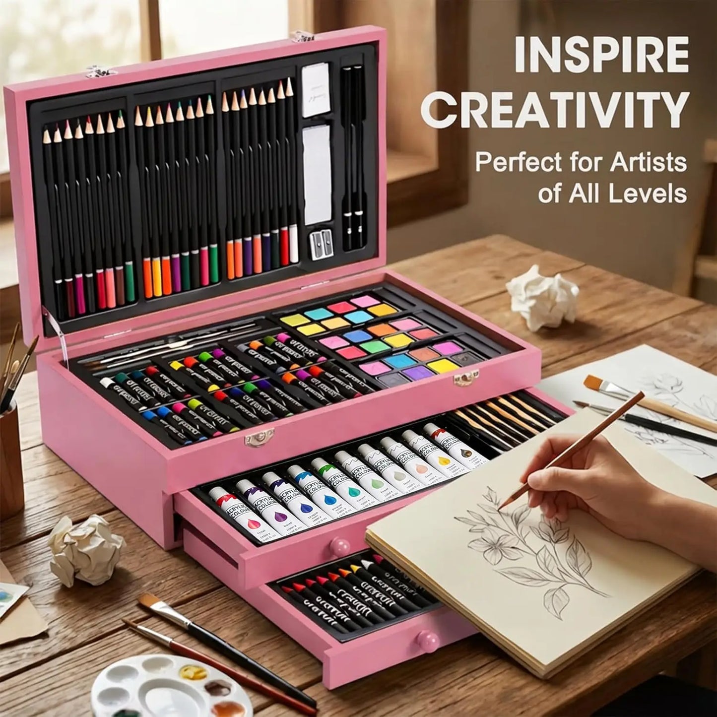 Wooden Art Set 175 Piece With Drawing Pads And Paints
