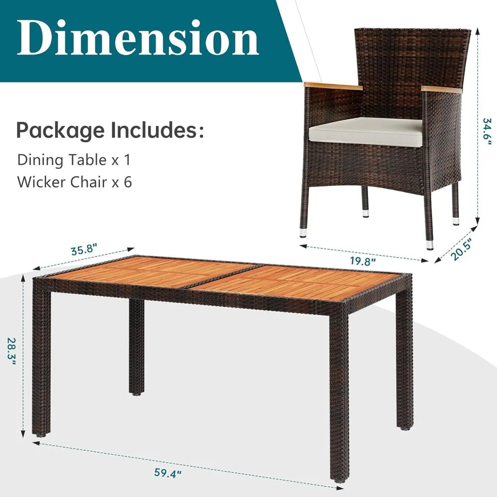 7 Piece Outdoor Wicker Patio Dining Set With Wooden Table