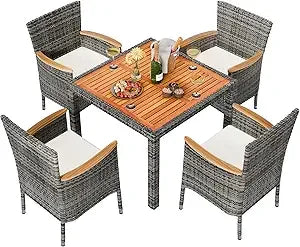 7 Piece Outdoor Wicker Patio Dining Set With Wooden Table