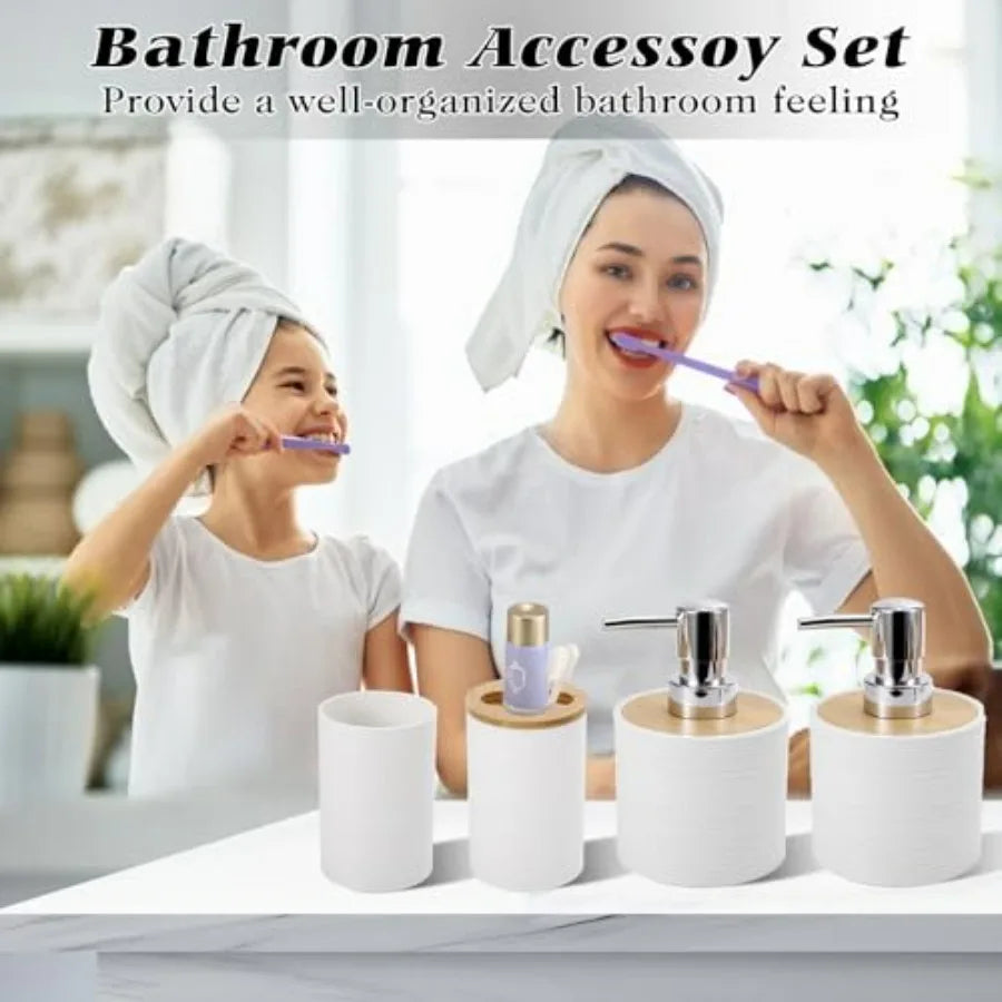 White Bathroom Set with Trash Can 2PCS Soap Dispensers Soap Dish Toothbrush Holder Toothbrush Cup Toilet Brush Tray and Qtip Ho