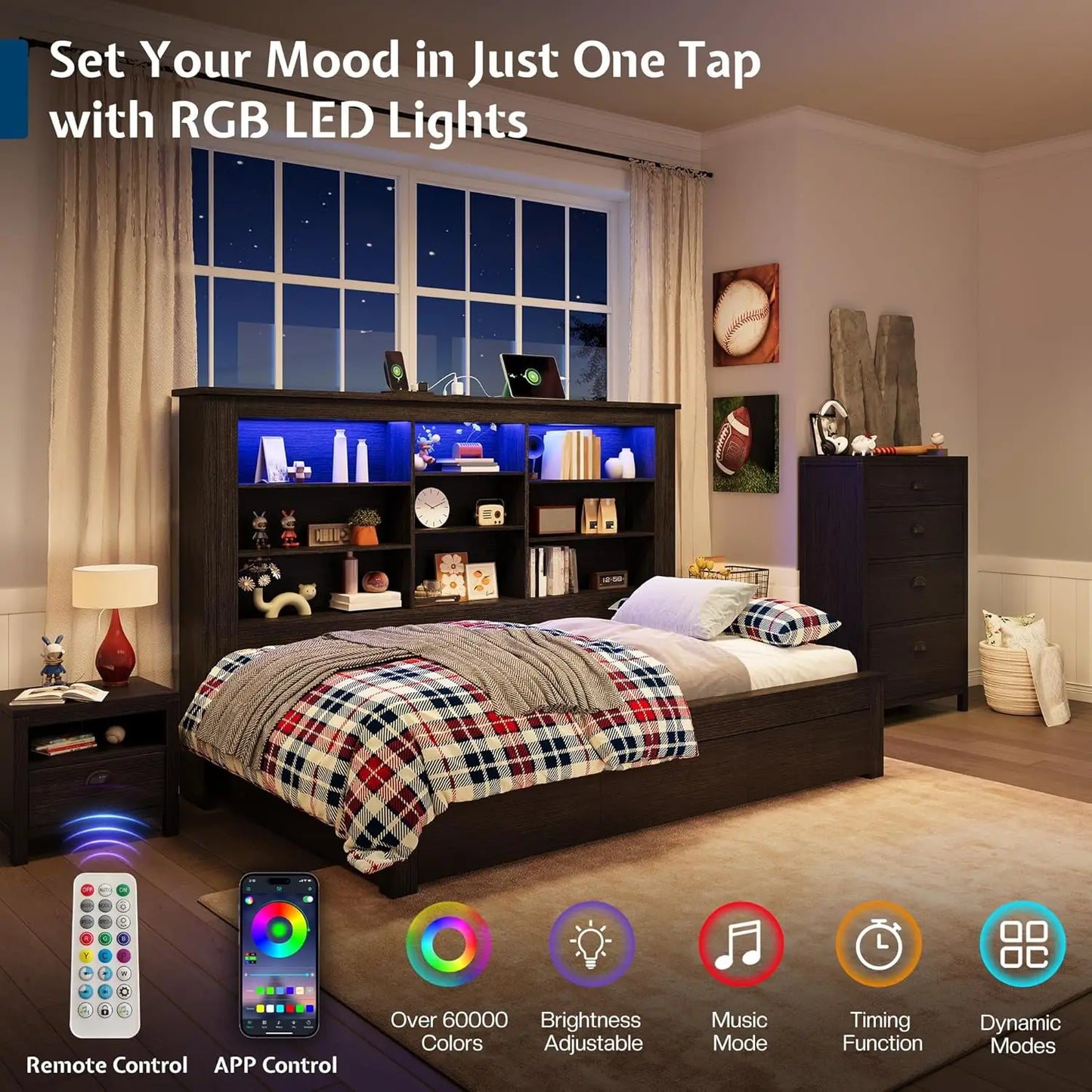 Twin Bed Frame With Storage Drawers Bookcase Headboard USB Charging