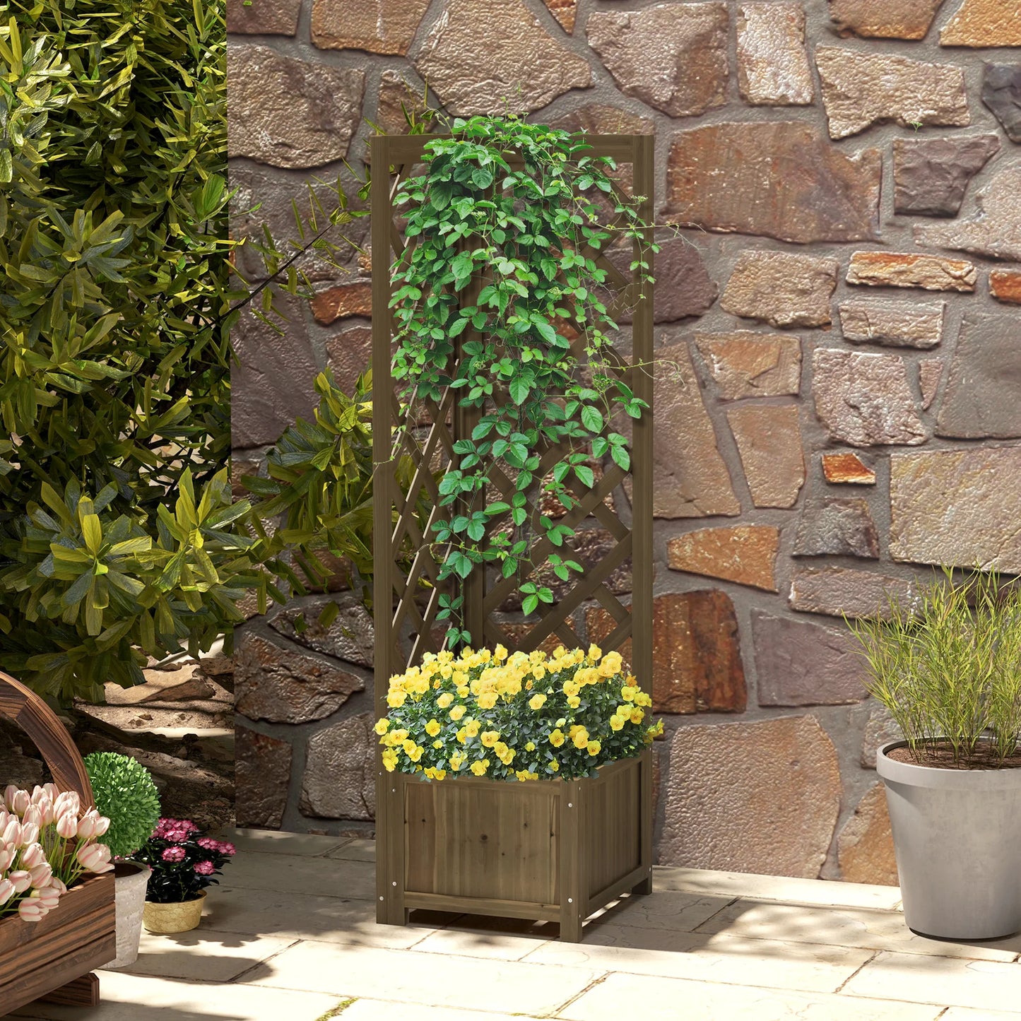 Outsunny Wooden Raised Garden Bed With Trellis For Vine Plants