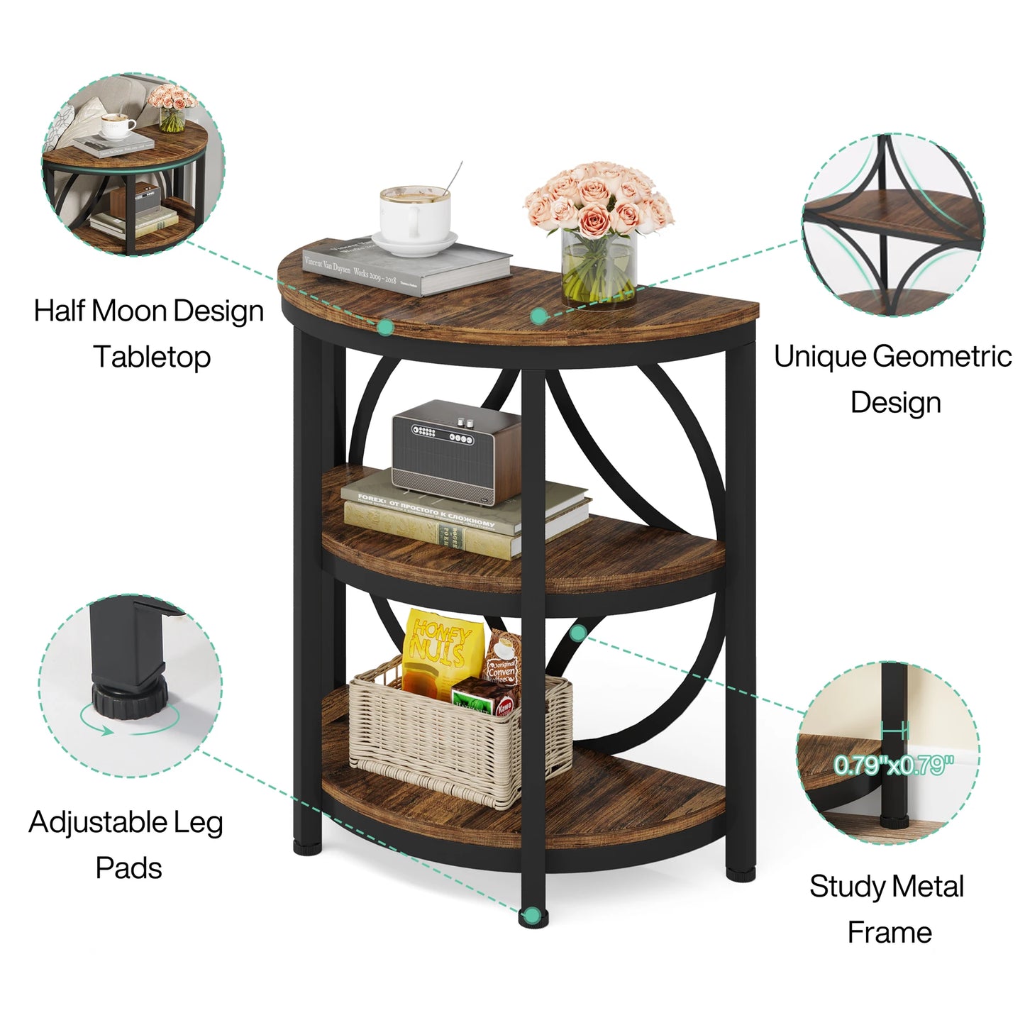 Tribesigns Half Round End Table With Storage Metal Frame