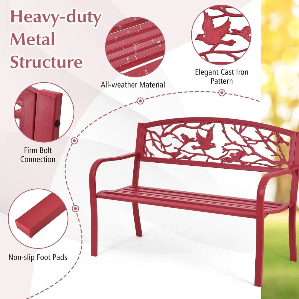 TIFICY Metal Outdoor Garden Bench With Cast Iron Back Pattern