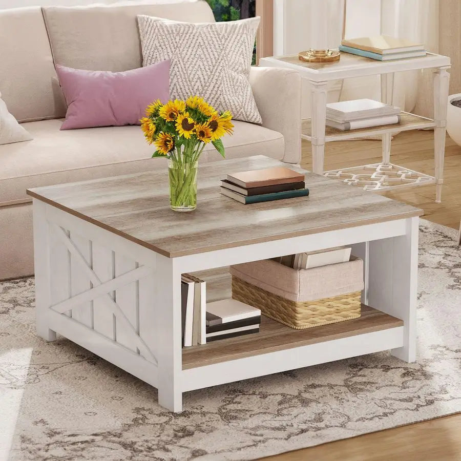 Square Farmhouse Coffee Table With Storage Two Tier Wood