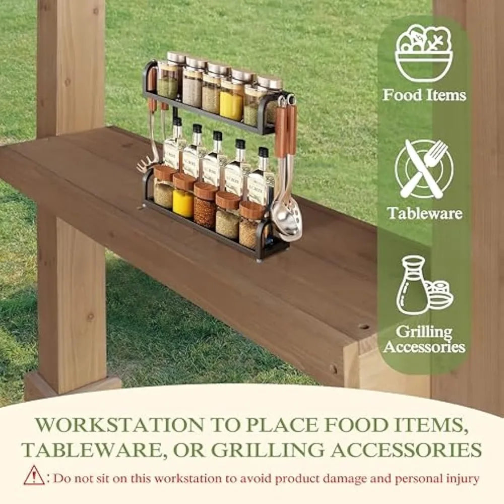 Wooden Grill Gazebo With Sloping Metal Roof Hard Top And Side Shelves