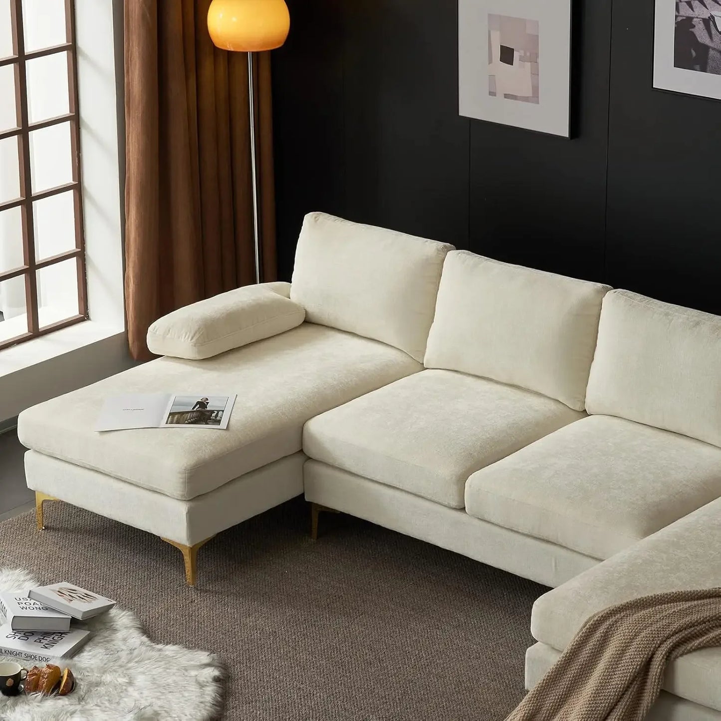 U-Shape Convertible Sectional Sofa 4-Seat Couch With Chaise Chenille Fabric