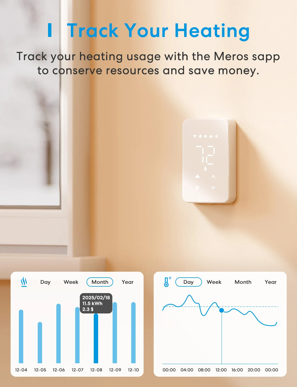 Smart Wi-Fi Thermostat MTS215 For Electric Baseboard Heaters Energy Monitor