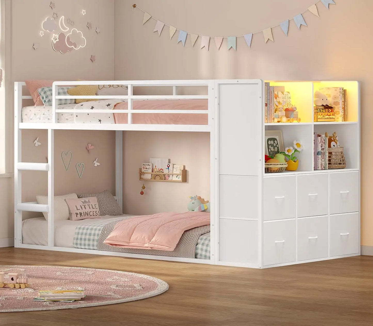 Twin Over Twin Bunk Bed With Fabric Drawers And Wooden Storage Shelves