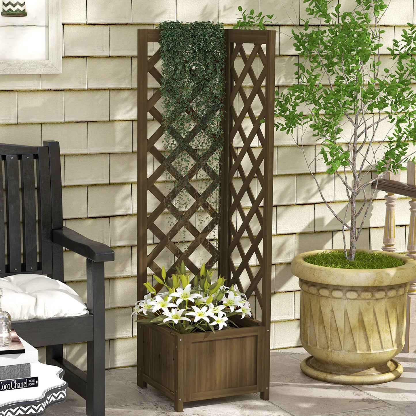 Outsunny Wooden Raised Garden Bed With Trellis For Vine Plants