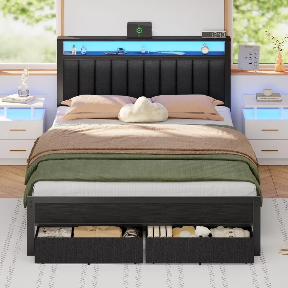 Bed Frame With Charging Station And LED Lights With Shelves
