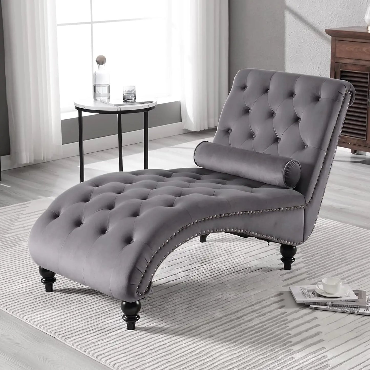 Velvet Tufted Chaise Lounge Chair With Pillow Indoor Living Room