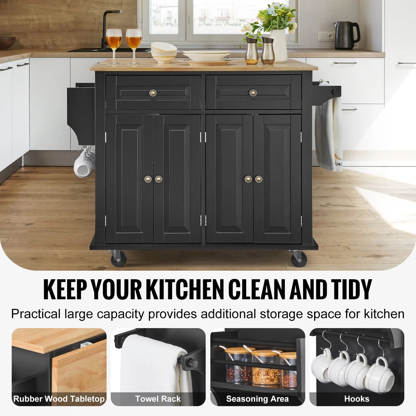 Succebuy Kitchen Island Cart with Wood Top and Storage