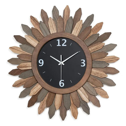 Rustic Wood Boho Sunburst Wall Clock Quiet Quartz Movement