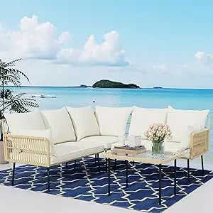 Outdoor Wicker Sectional Furniture Set With Glass Coffee Table