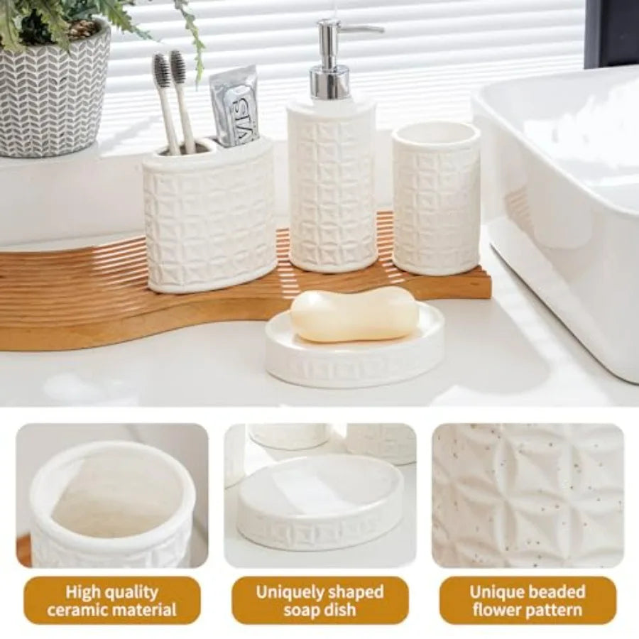 4-Piece Bathroom Accessory Set - White Ceramic Bathroom Decor for Counter Organization with Soap Dispenser Toothbrush Holder Tu