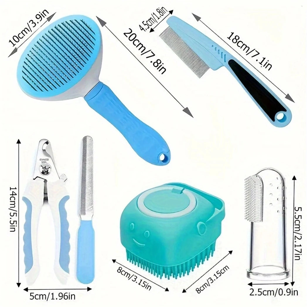 Dog Grooming Set With Hair Removal Comb Flea Comb Nail Clippers Shampoo Brush