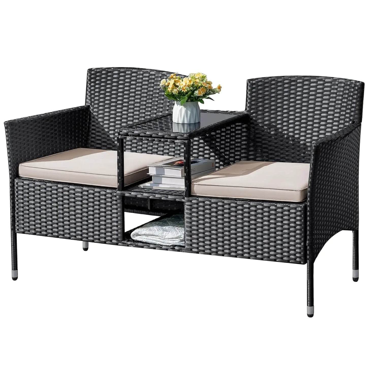 2 Seat Outdoor Wicker Loveseat With Built In Table