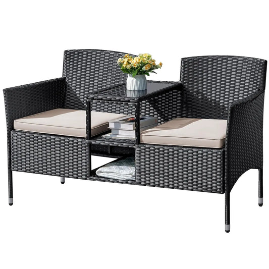 2 Seat Outdoor Wicker Loveseat With Built In Table