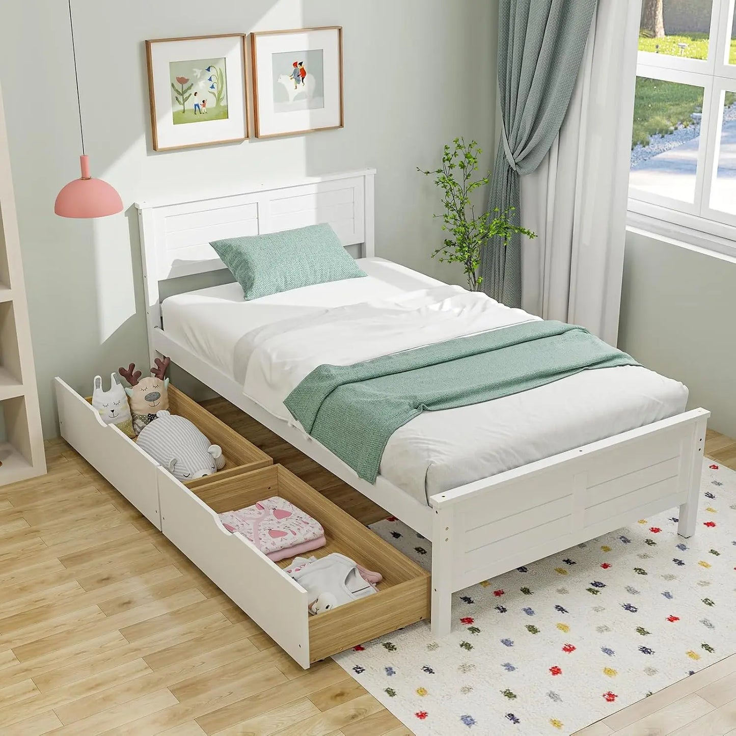 Wood Twin Platform Bed With Headboard And Slat Support