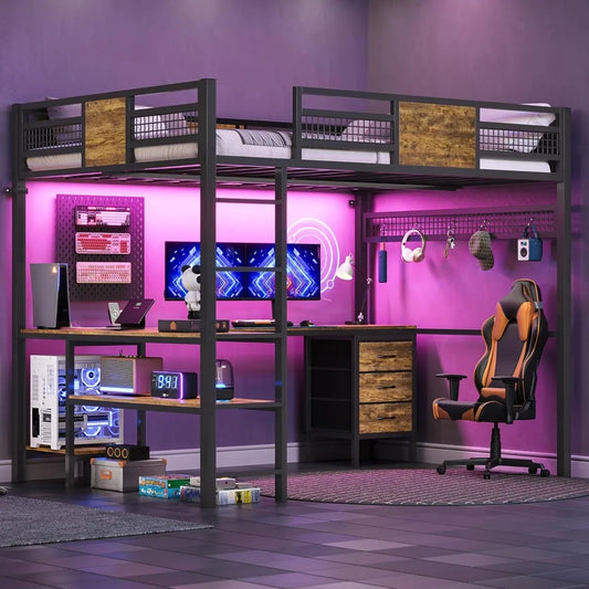 Loft Bed With L Shaped Desk 3 Drawers LED Illumination
