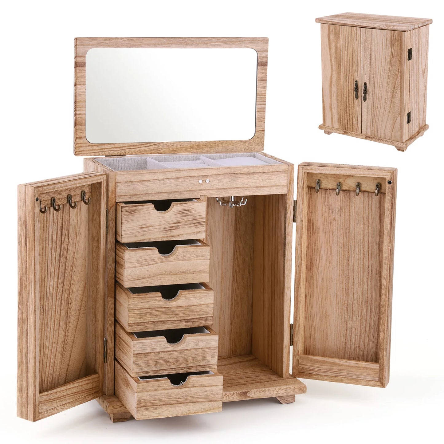 Wood Jewelry Box Organizer With Drawers And Mirror