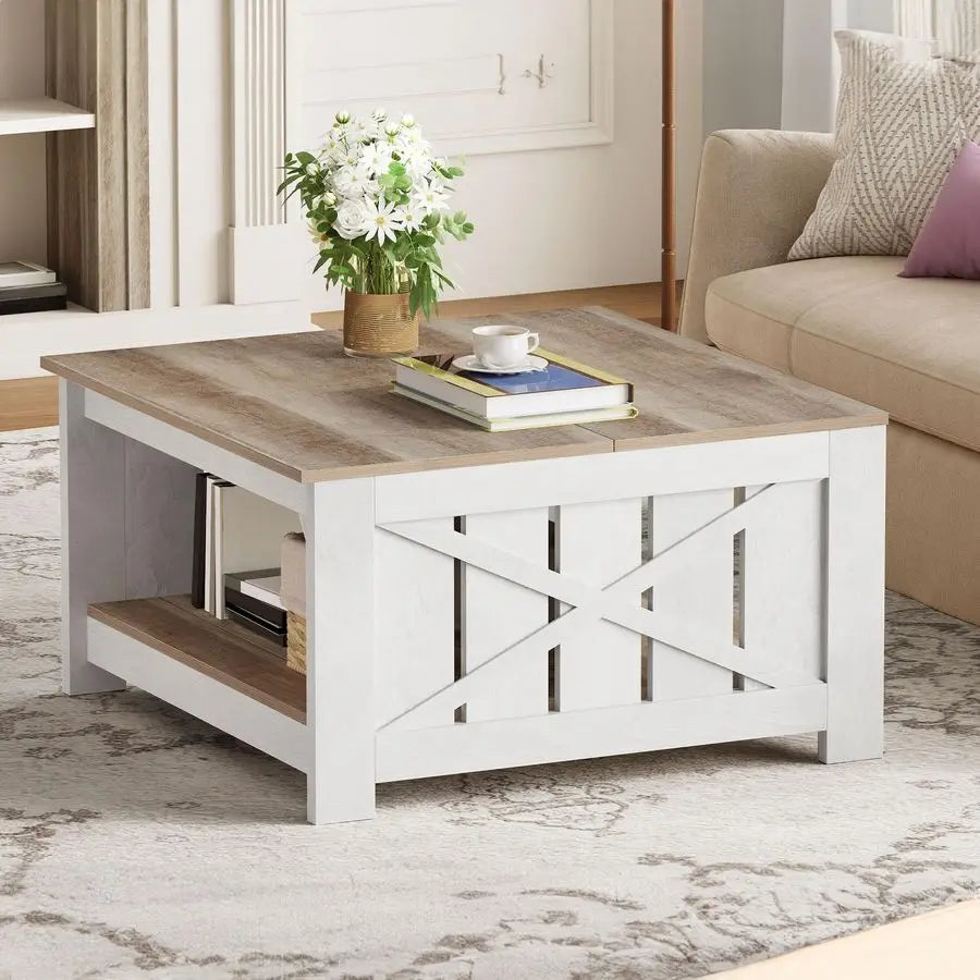 Square Farmhouse Coffee Table With Storage Two Tier Wood