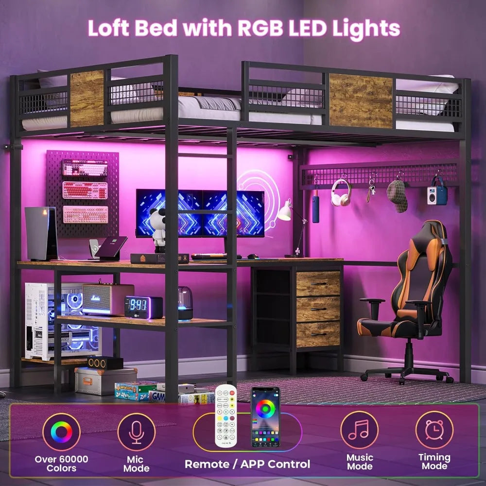 Loft Bed With L Shaped Desk 3 Drawers LED Illumination