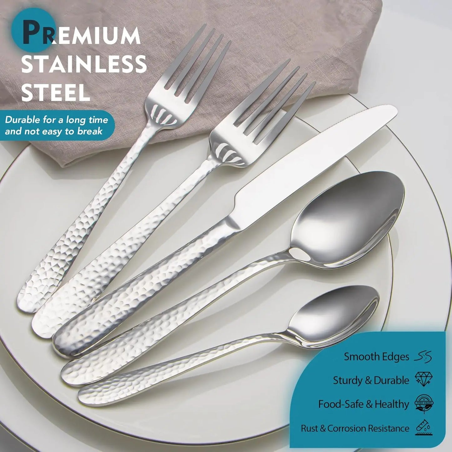 Hammered Stainless Steel Flatware Set In Mirror Finish Dishwasher Safe