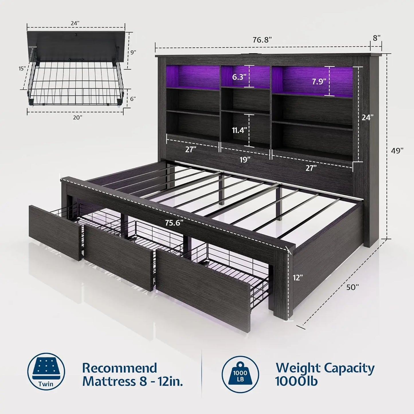 Twin Bed Frame With Storage Drawers Bookcase Headboard USB Charging