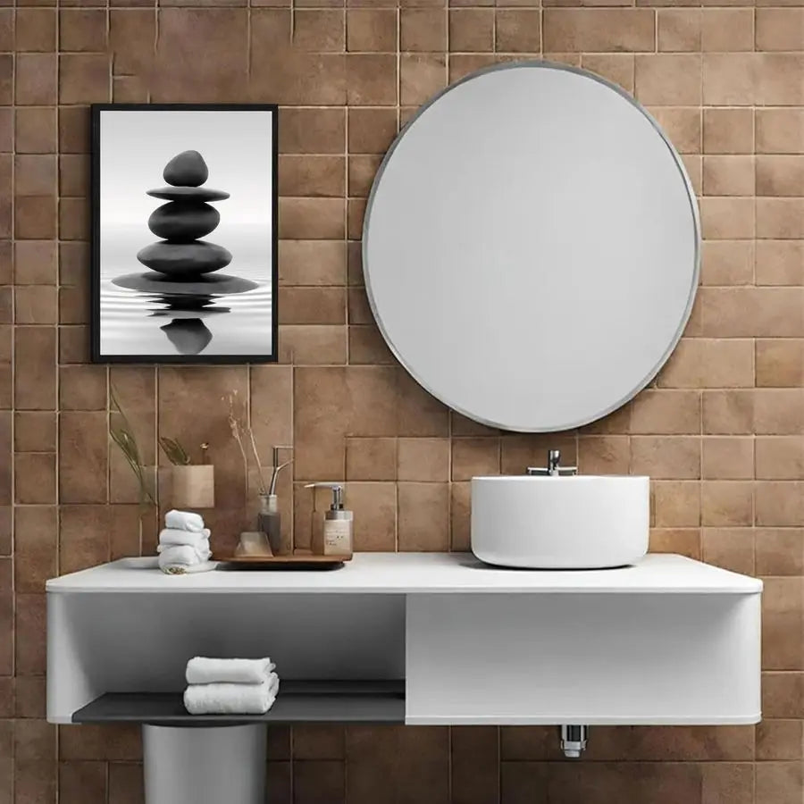 Zen Stones Water Reflection Framed Bathroom Wall Art