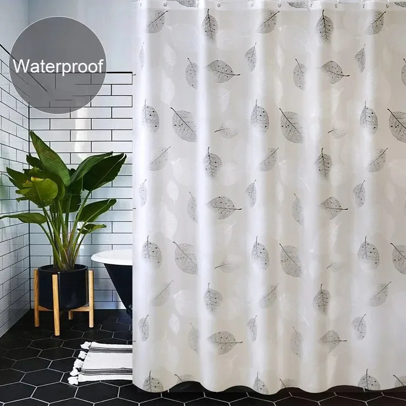 PEVA Waterproof Bathroom Shower Curtain with Hooks and Leaf Pattern