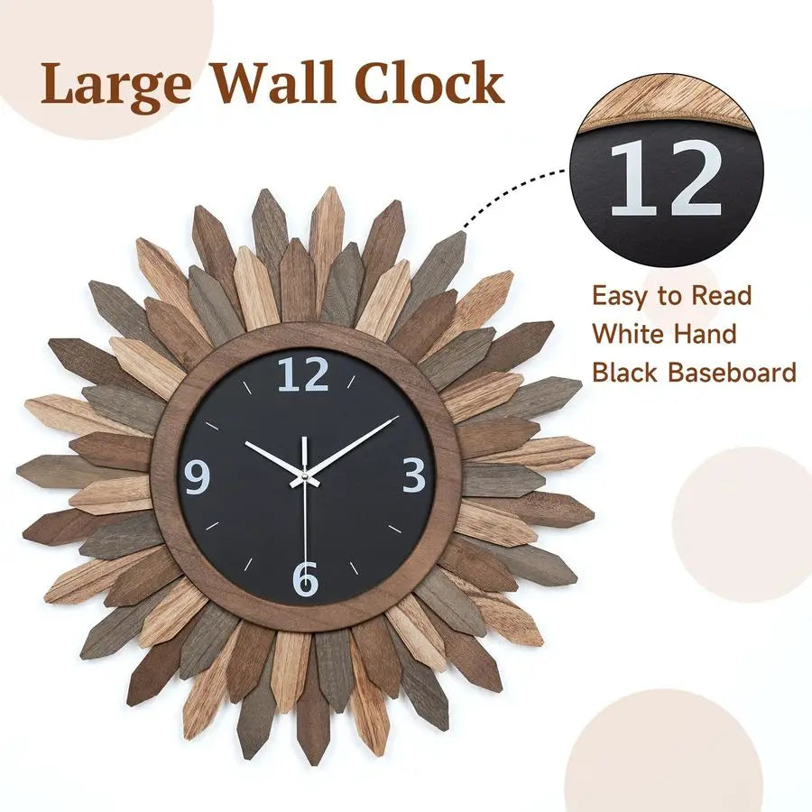 Rustic Wood Boho Sunburst Wall Clock Quiet Quartz Movement