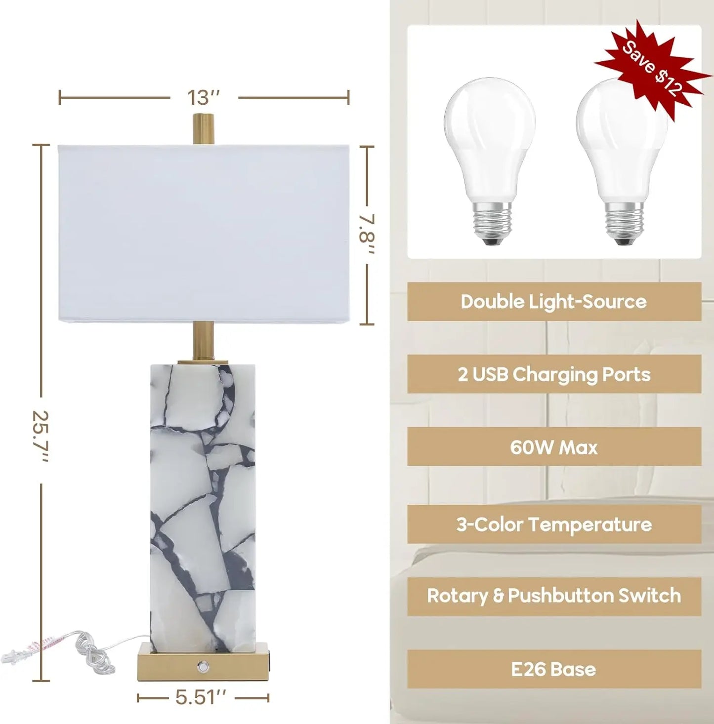 Natural Marble Table Lamps Set Of 2 With USB Ports