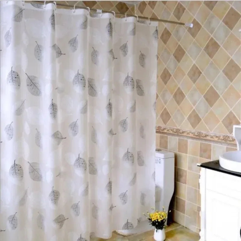 PEVA Waterproof Bathroom Shower Curtain with Hooks and Leaf Pattern