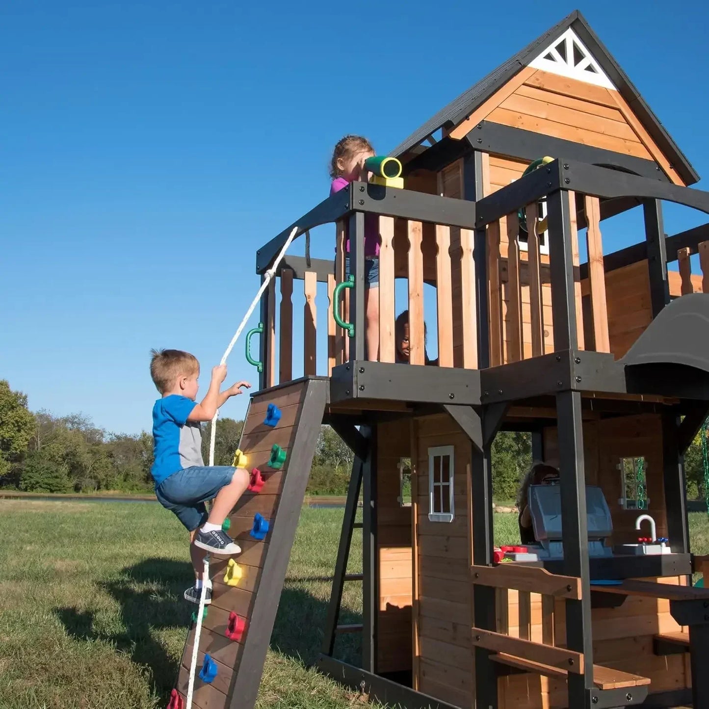 Cedar Wood Swing Set With Wave Slide And Clubhouse