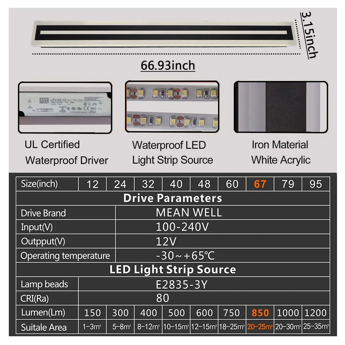 Outdoor Long LED Wall Light Strip Sconce IP67 Frosted Acrylic
