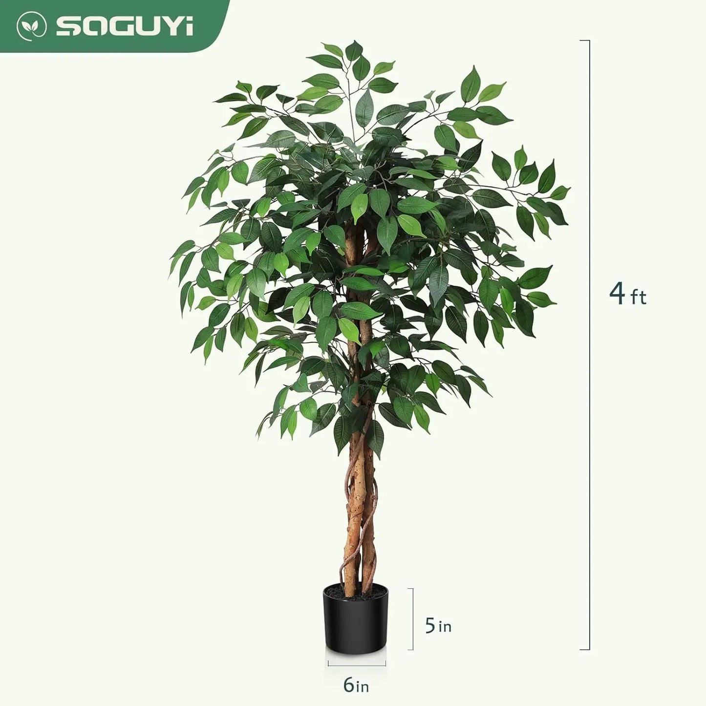 Artificial Ficus Tree With Wood Trunk In Plastic Pot