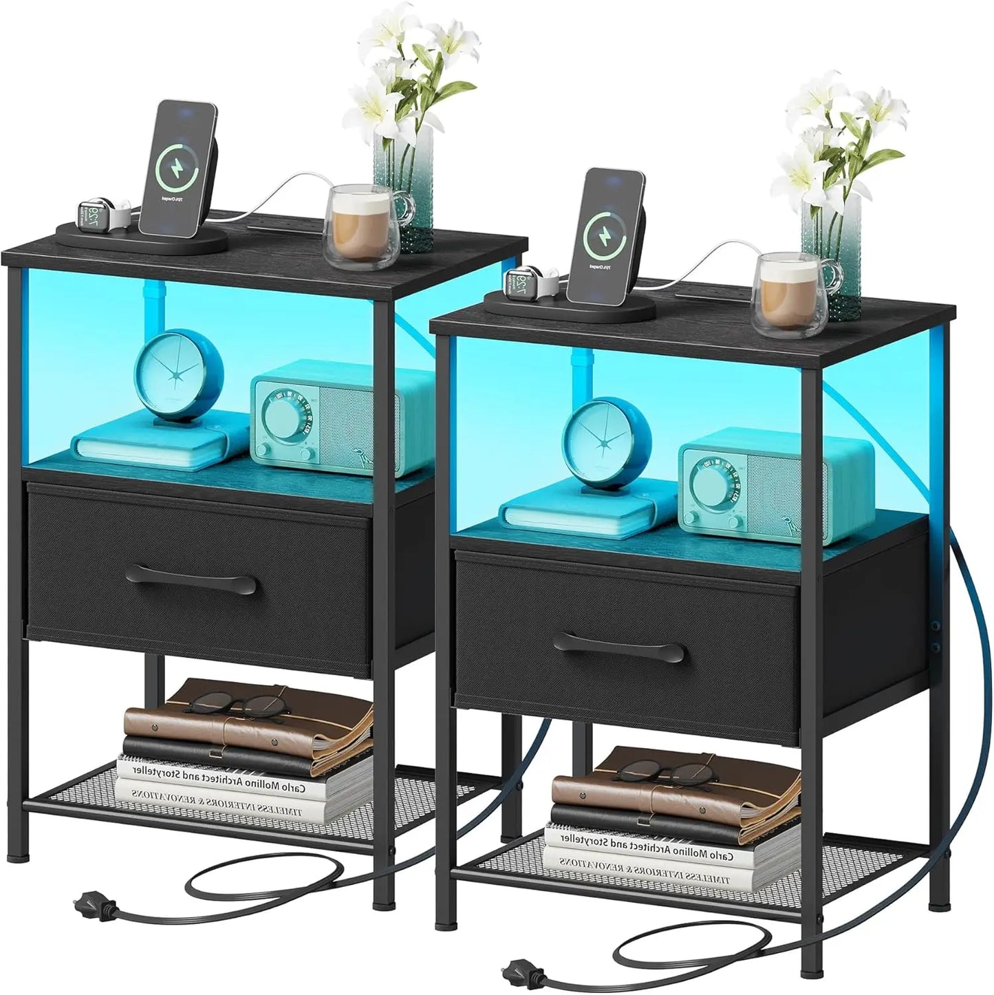 2-Piece Nightstand Set With Charging Station LED Lights