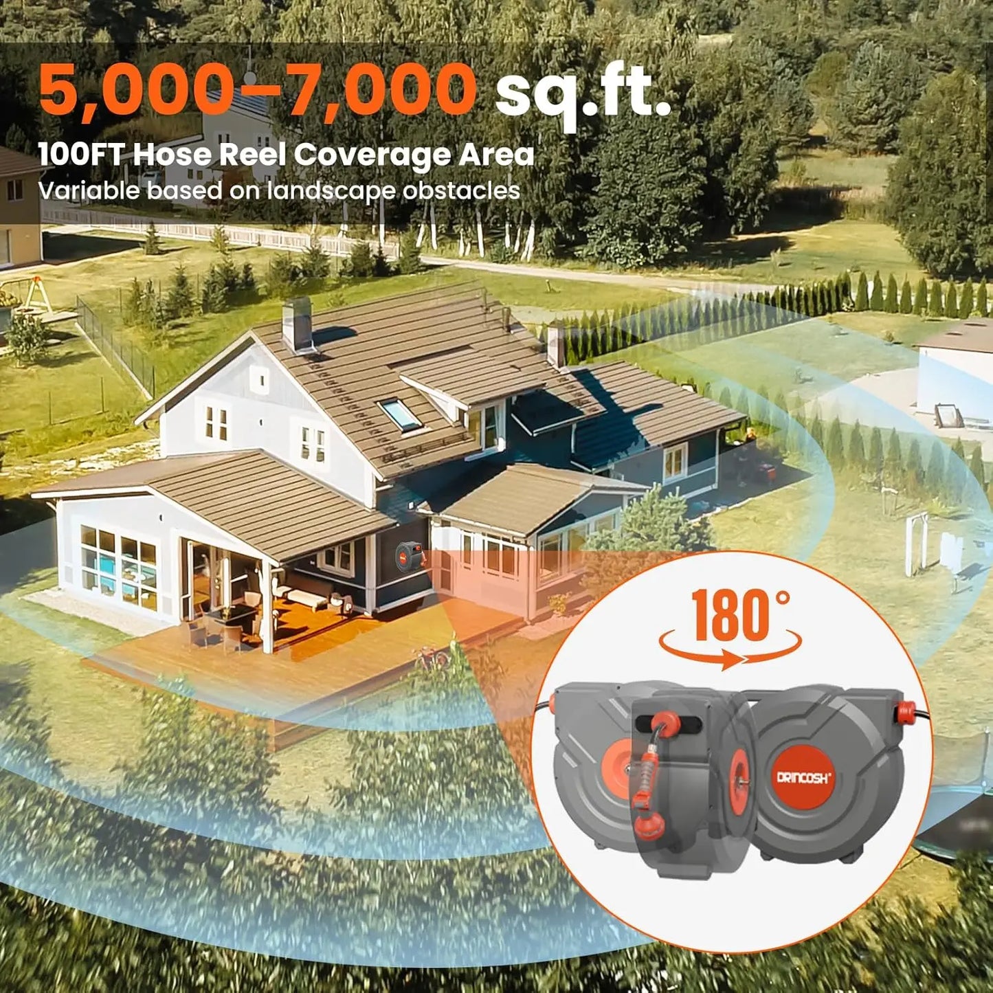 Retractable Garden Hose Reel With Auto Retraction And 180 Swivel