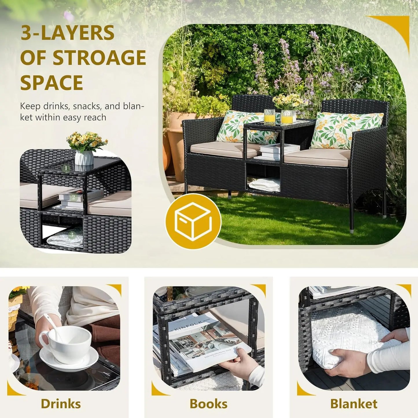 2 Seat Outdoor Wicker Loveseat With Built In Table