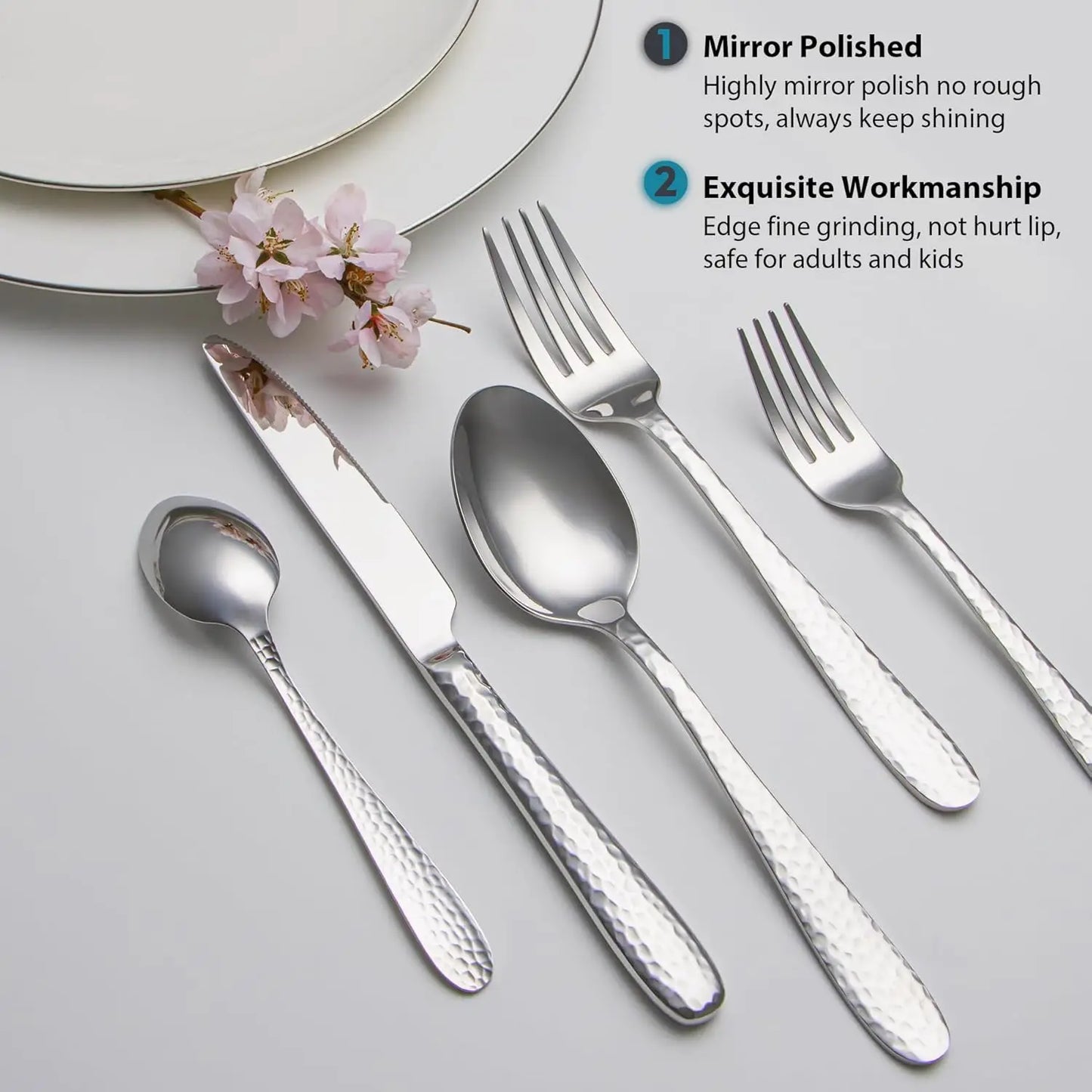 Hammered Stainless Steel Flatware Set In Mirror Finish Dishwasher Safe