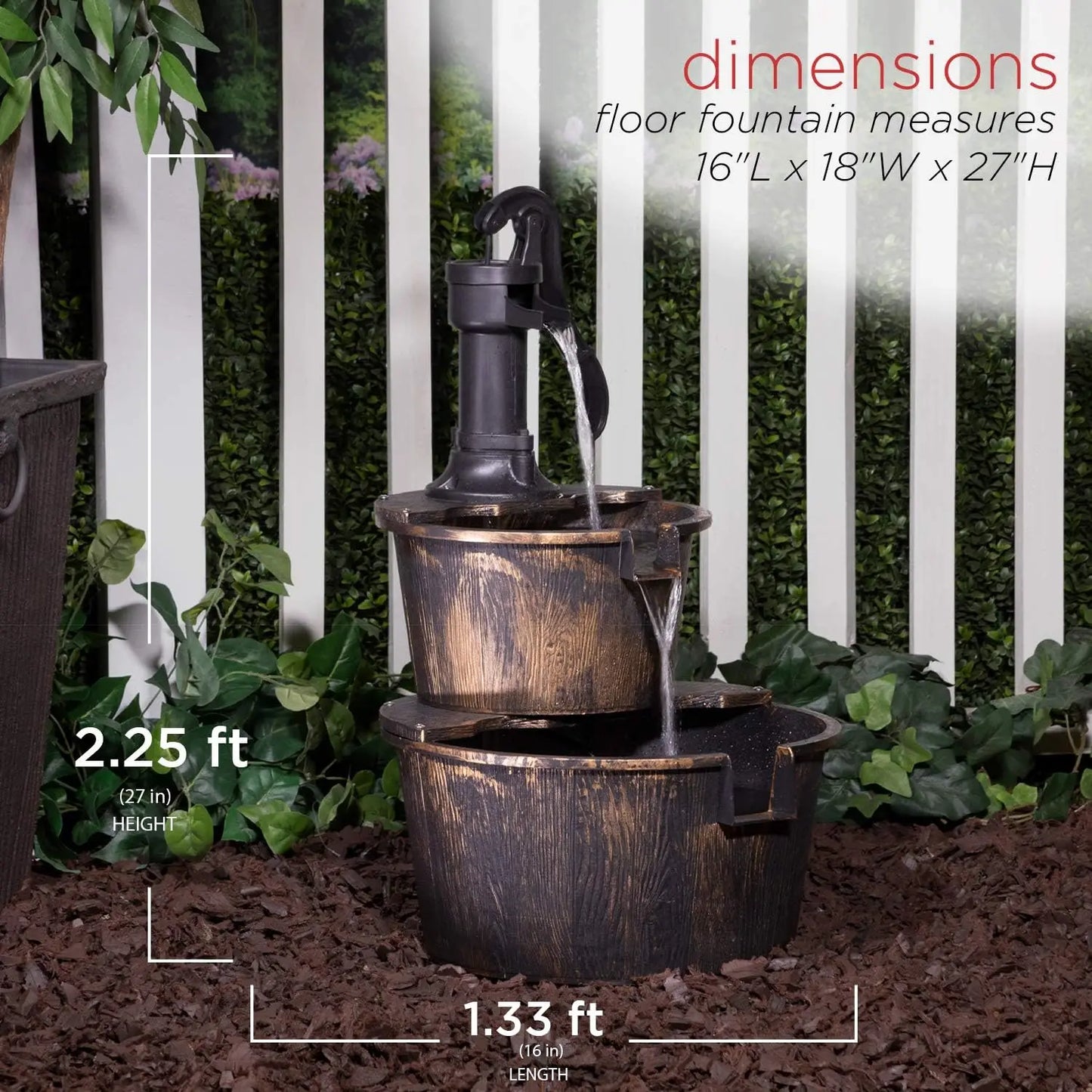 Rustic Outdoor Barrel Pump Water Fountain With Cascading Flow