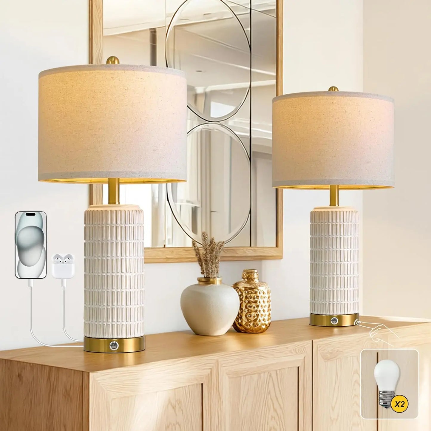 Modern Touch Dimmable Nightstand Lamp With USB A C Ports