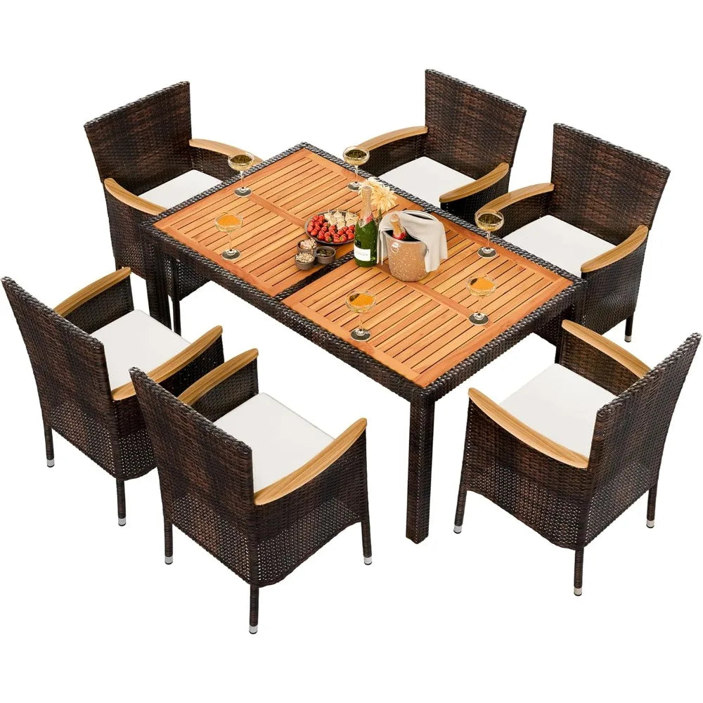 7 Piece Outdoor Wicker Patio Dining Set With Wooden Table