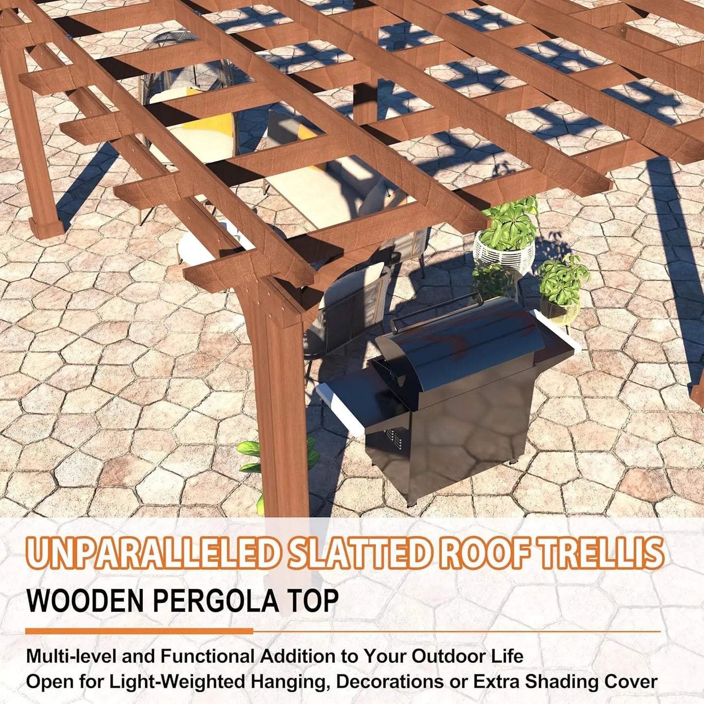 Cedar Wood Patio Pergola With Solid Frame And Slatted Roof