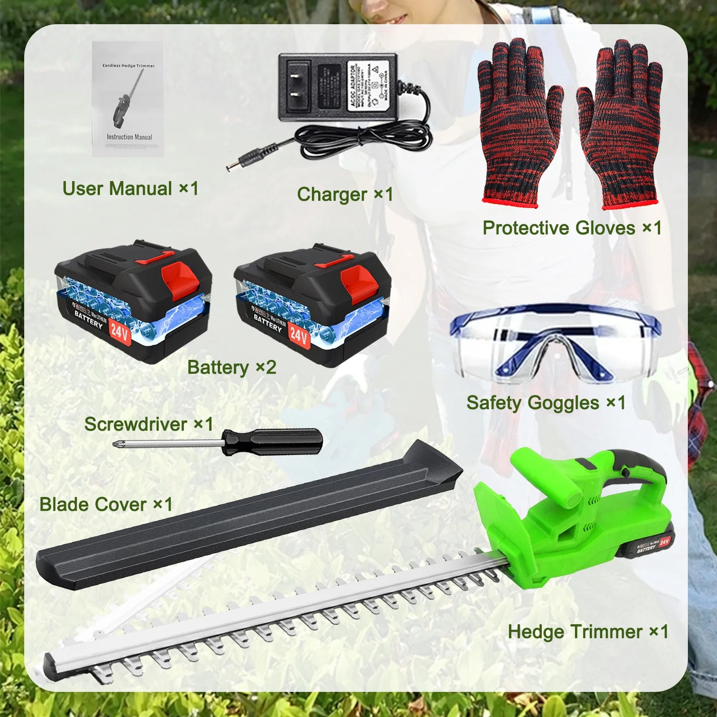 Cordless 24V Hedge Trimmer With Dual Blades Battery Included Charger