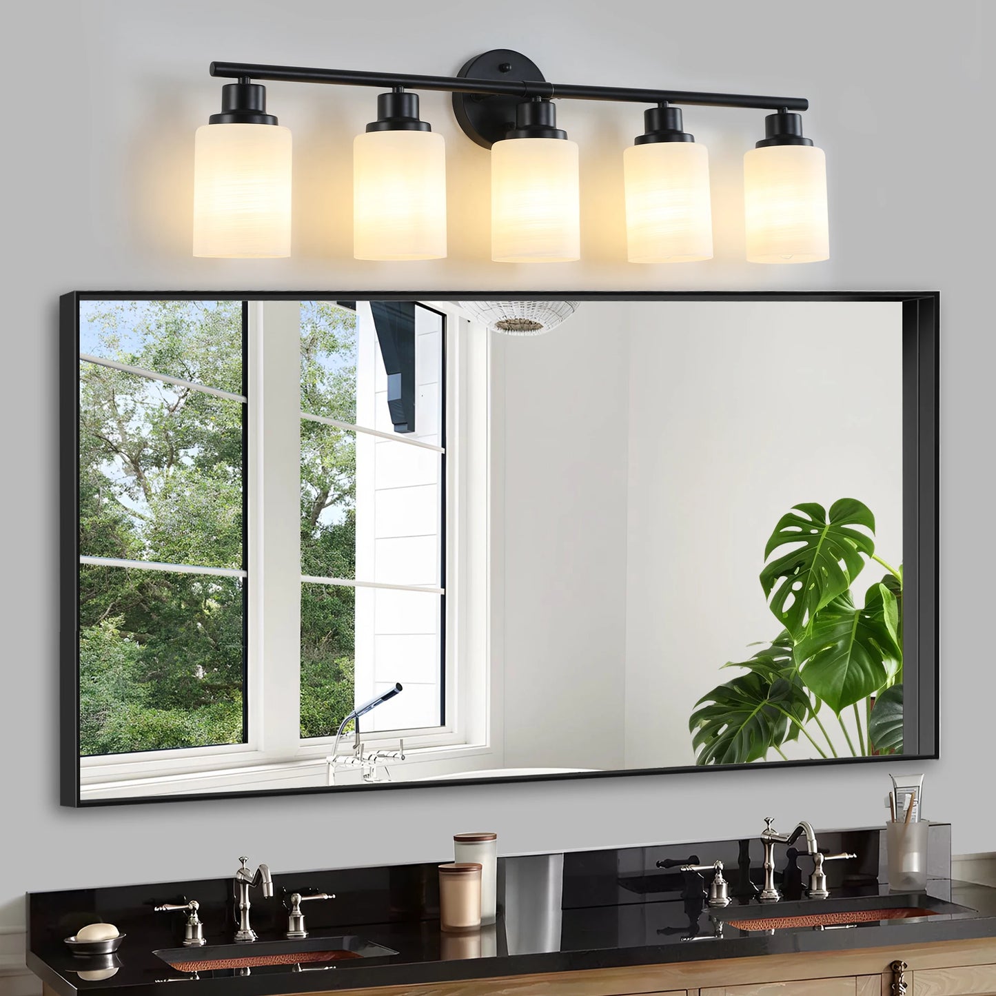 Modern 4/5/6 Lights Vanity Bathroom Mirror Light, Frosted White Glass Lampshades with Black Iron Frame, Contemporary Wall Sconce