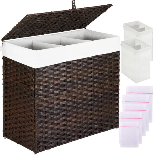 Rattan Divided Laundry Basket With Removable Liner And Mesh Bags