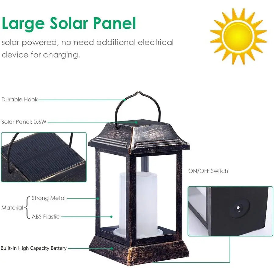 XMSJ Metal Solar Lantern Flickering Flame Outdoor Hanging Light